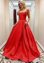 A-line Square Neckline Spaghetti Straps Sweep Train Satin Prom Dresses With Beading Pockets