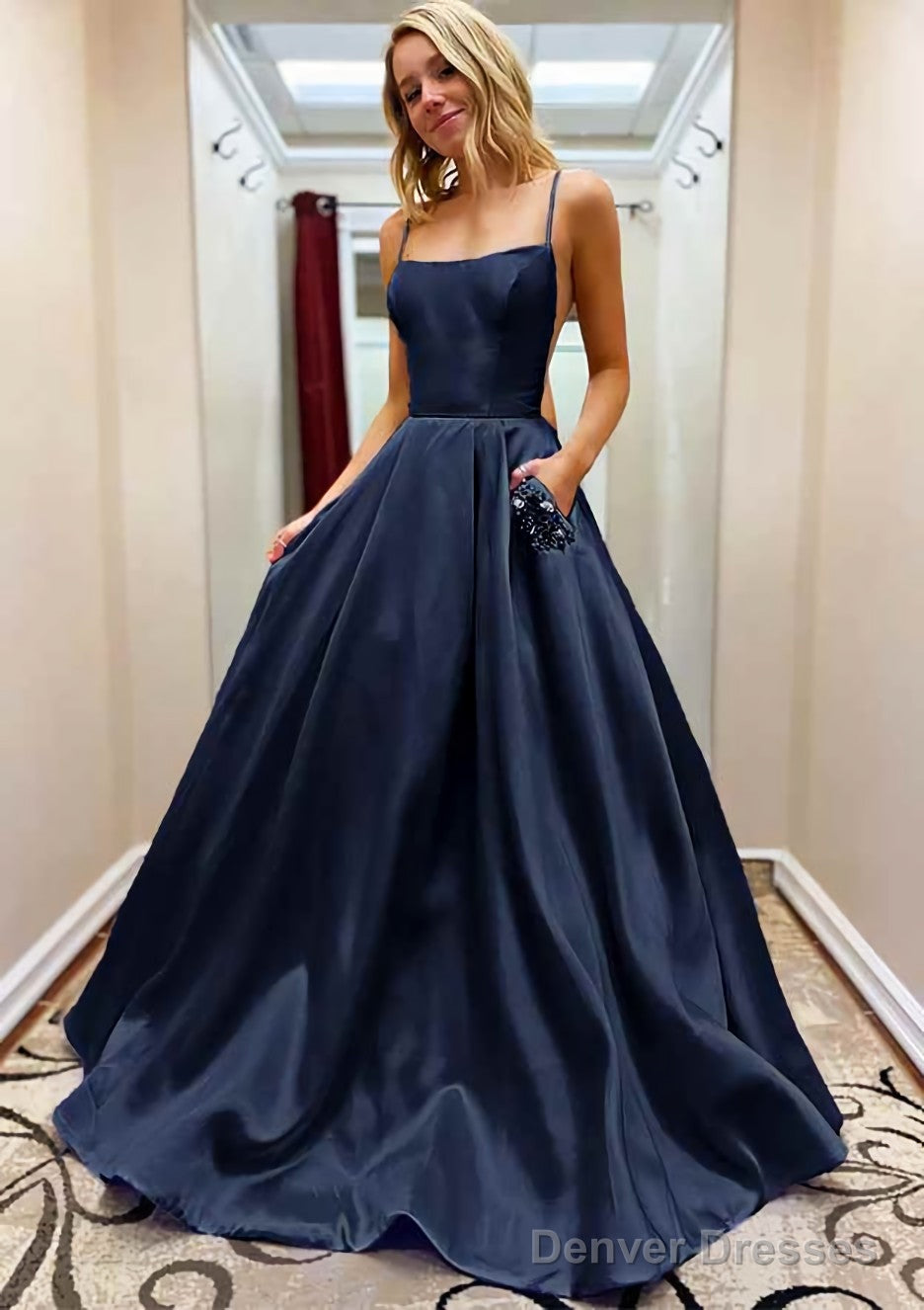 A-line Square Neckline Spaghetti Straps Sweep Train Satin Prom Dresses With Beading Pockets Secondary image