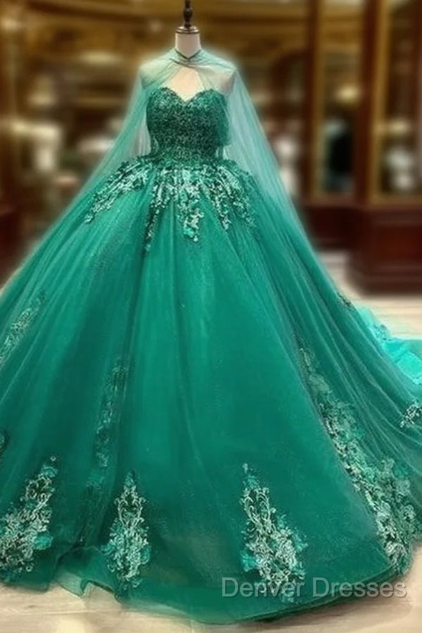 A-Line Strapless Applique Wedding Dress With Cloak Main image