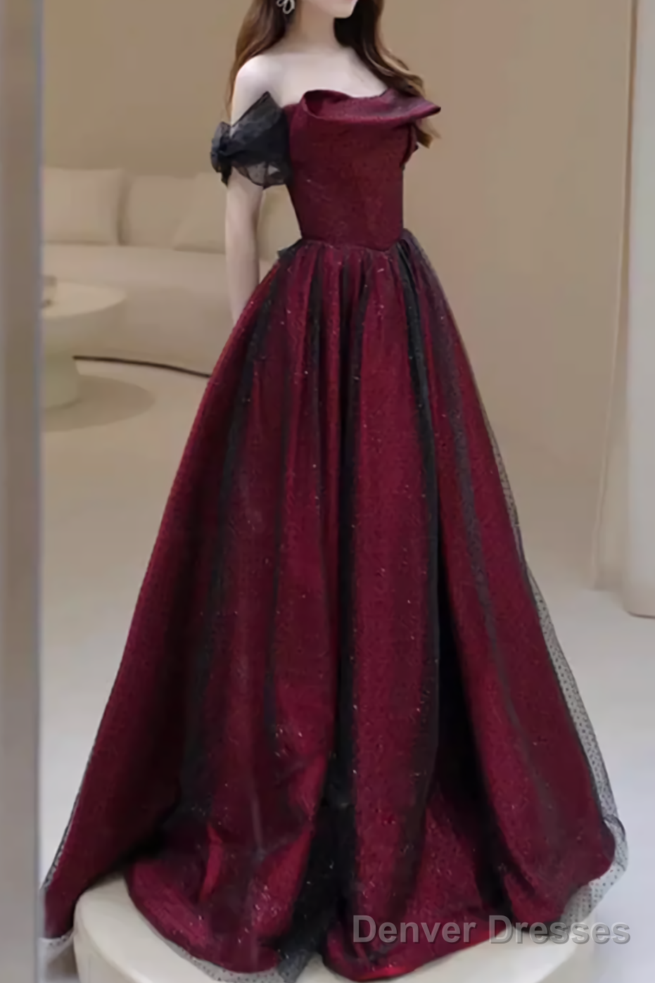 A line Strapless Black Party Dress Long Burgundy Prom Dress Secondary image