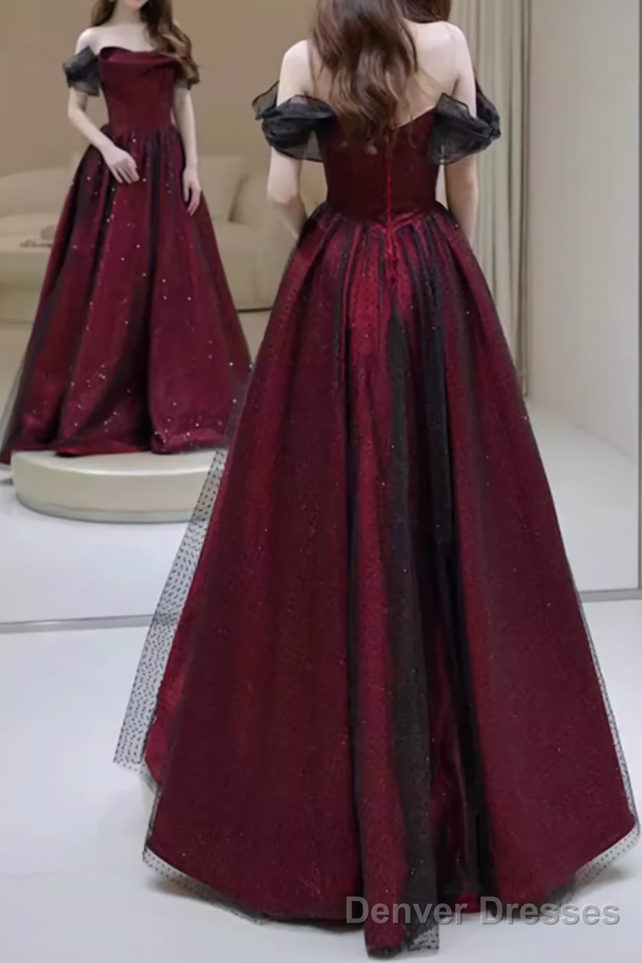 A line Strapless Black Party Dress Long Burgundy Prom Dress