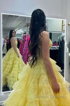 A Line Strapless Corset Glitter Tulle Prom Dress with Ruffles