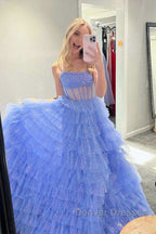 A Line Strapless Corset Glitter Tulle Prom Dress with Ruffles