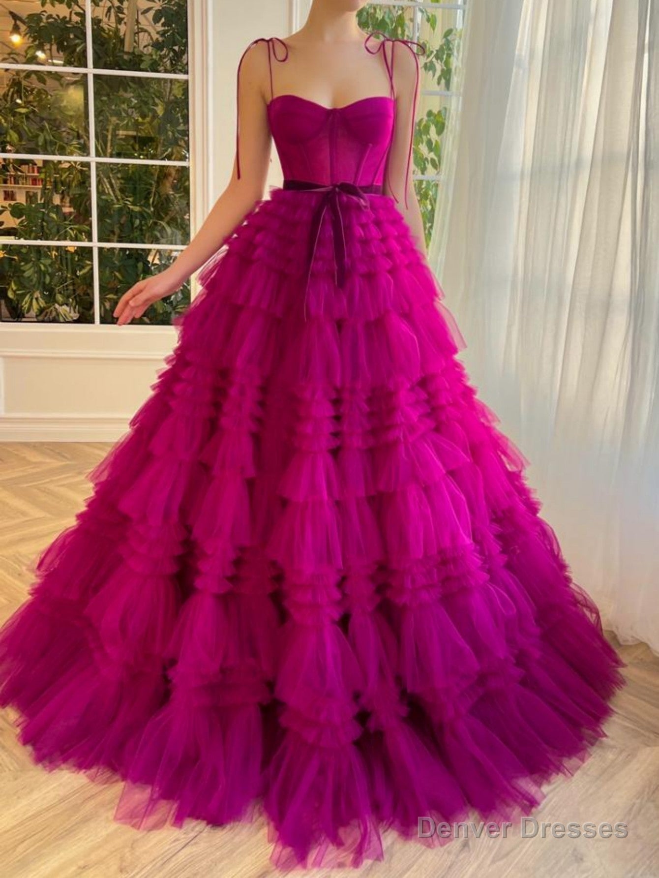 A Line Strapless Fuchsia Tiered Long Tulle Prom Dress
