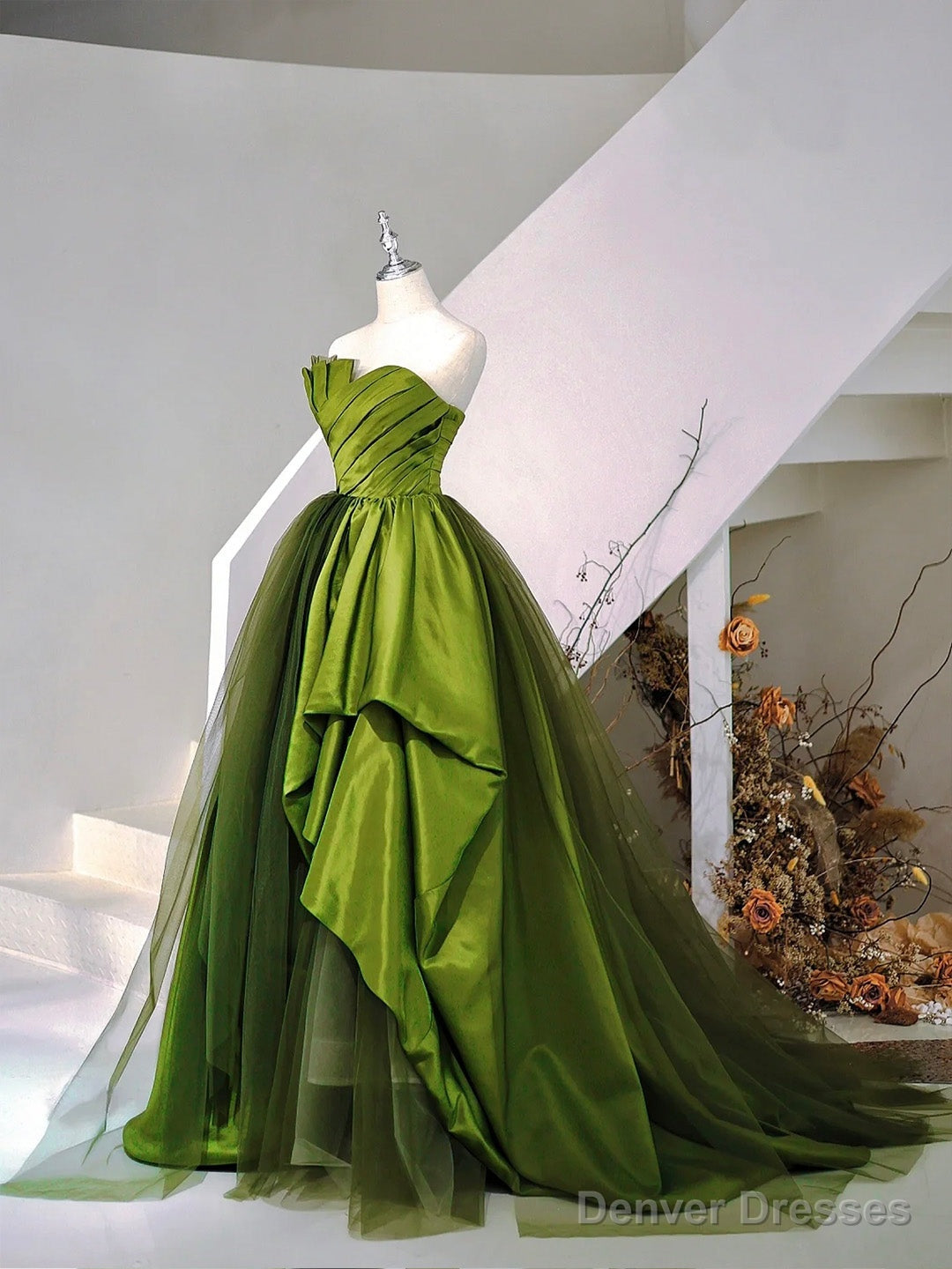 A-Line Strapless Green Satin Tulle Sweep Train Prom Evening Dresses Secondary image