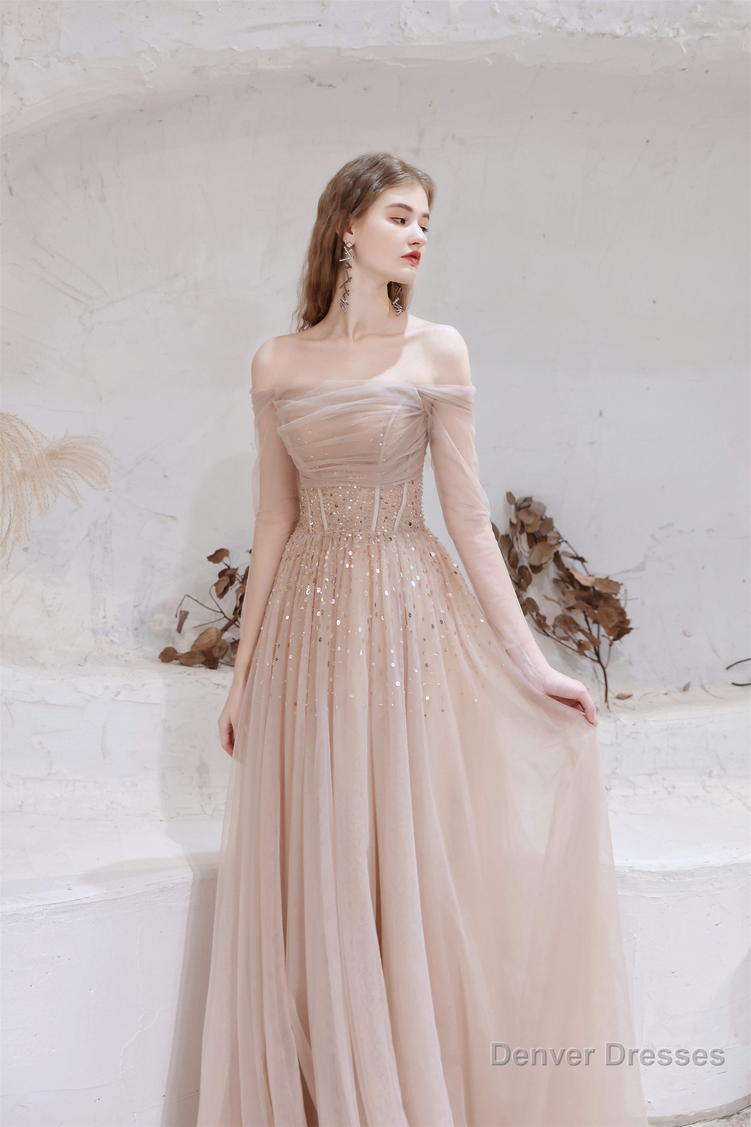 A-Line Strapless Off The Shoulder Lace Up Beading Tulle Long Prom Dresses Secondary image