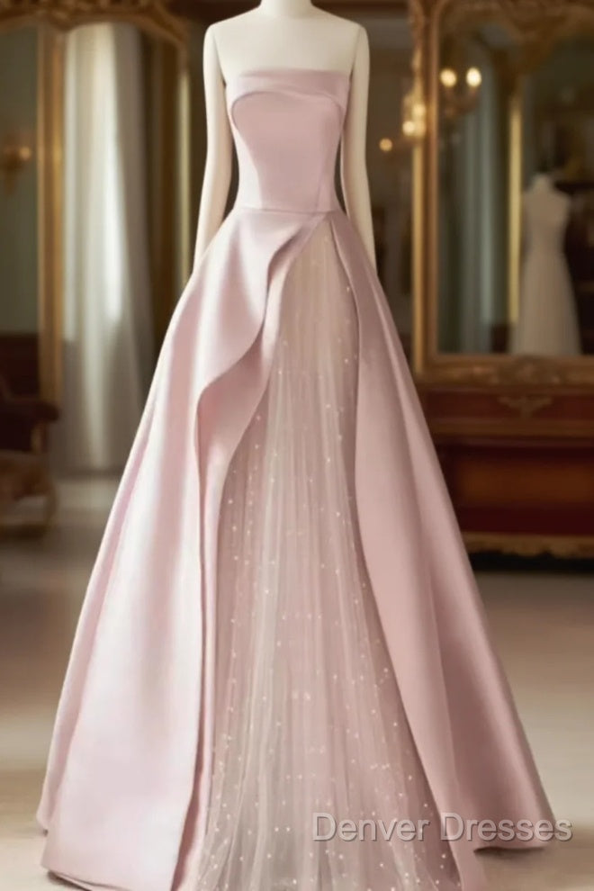 A Line Strapless Pink Party Dress Long Satin Prom Dress Main image
