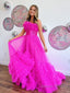 A-Line Strapless Pink Tiered Long Tulle Prom Dress