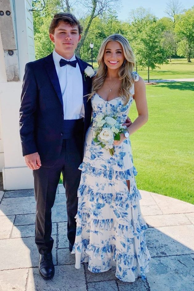 A-Line Strapless Print Sleeveless Tiered Long Prom Dress Main image