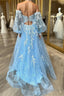 A-line Strapless Puff Long Sleeves Beaded Appliques Long Formal Prom Dress