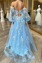 A-line Strapless Puff Long Sleeves Beaded Appliques Long Formal Prom Dress