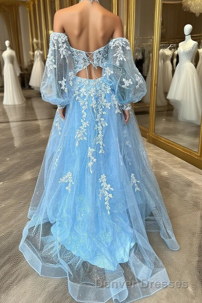 A-line Strapless Puff Long Sleeves Beaded Appliques Long Formal Prom Dress