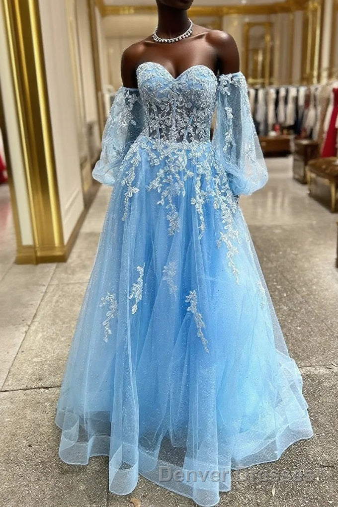 A-line Strapless Puff Long Sleeves Beaded Appliques Long Formal Prom Dress Main image