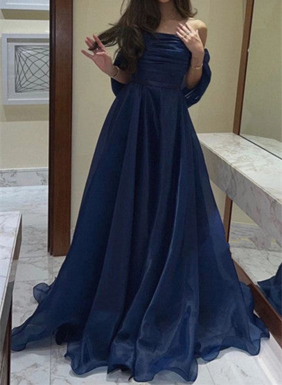 A Line Strapless Royal Blue Long Prom Dress With Straps