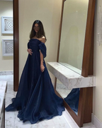 A Line Strapless Royal Blue Long Prom Dress With Straps