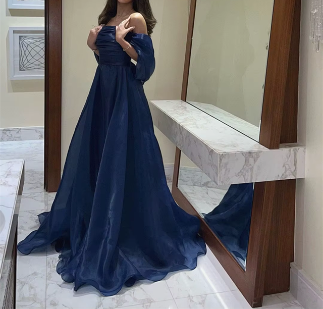 A Line Strapless Royal Blue Long Prom Dress With Straps