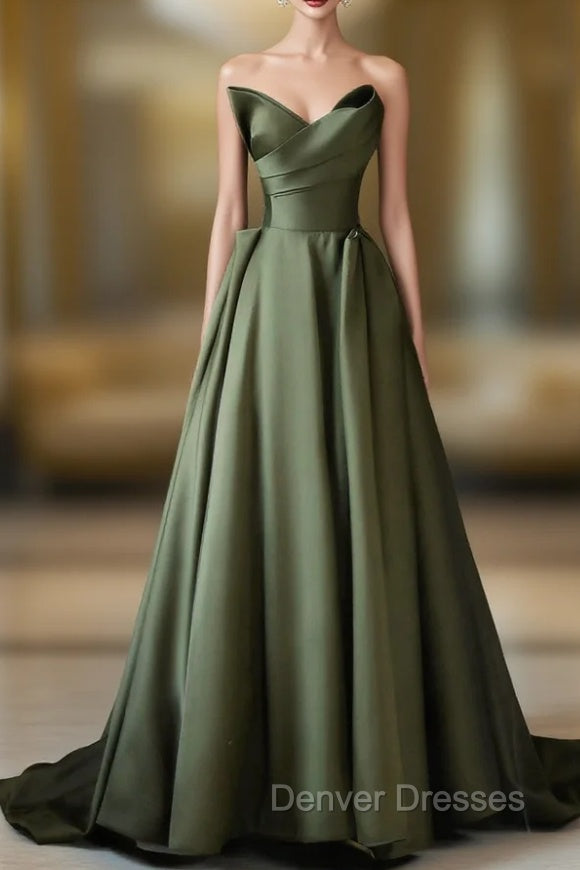 A-Line Strapless Satin Long Prom Dress, Dark Green Evening Party Dress Main image