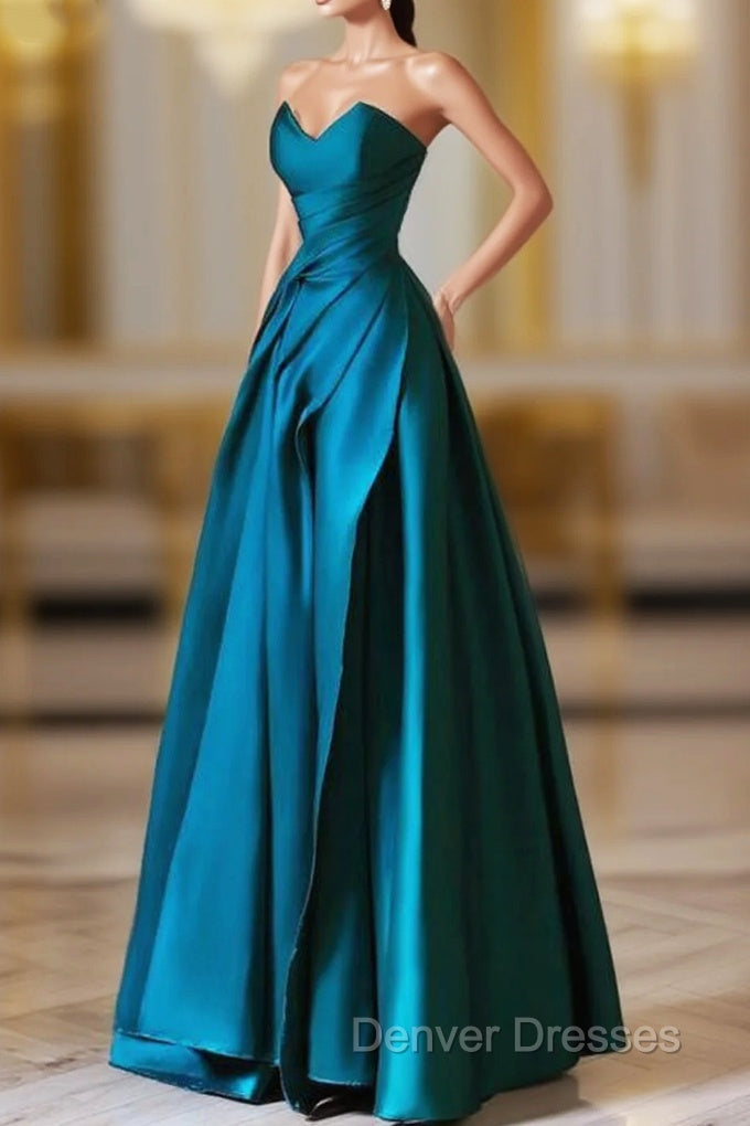 A-Line Strapless Satin Peacock Blue Long Prom Dress, Simple Peacock Blue Evening Dress Main image