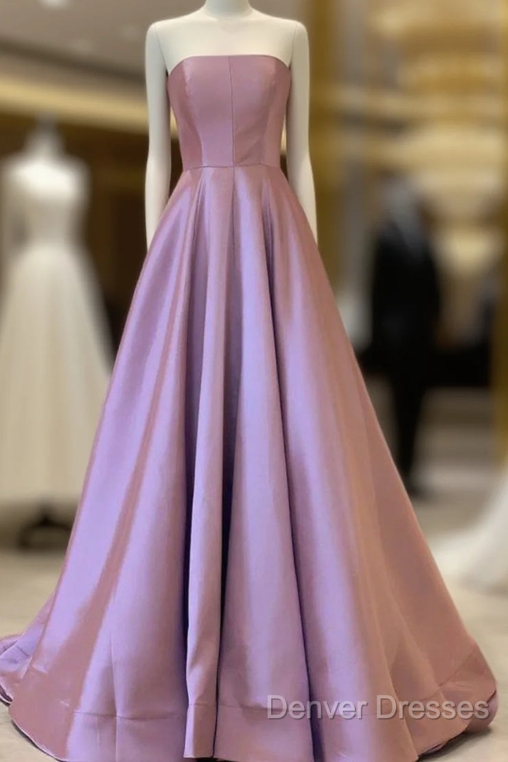A-Line Strapless Satin Prom Dress Mauve Pink Formal Gown Floor Length
