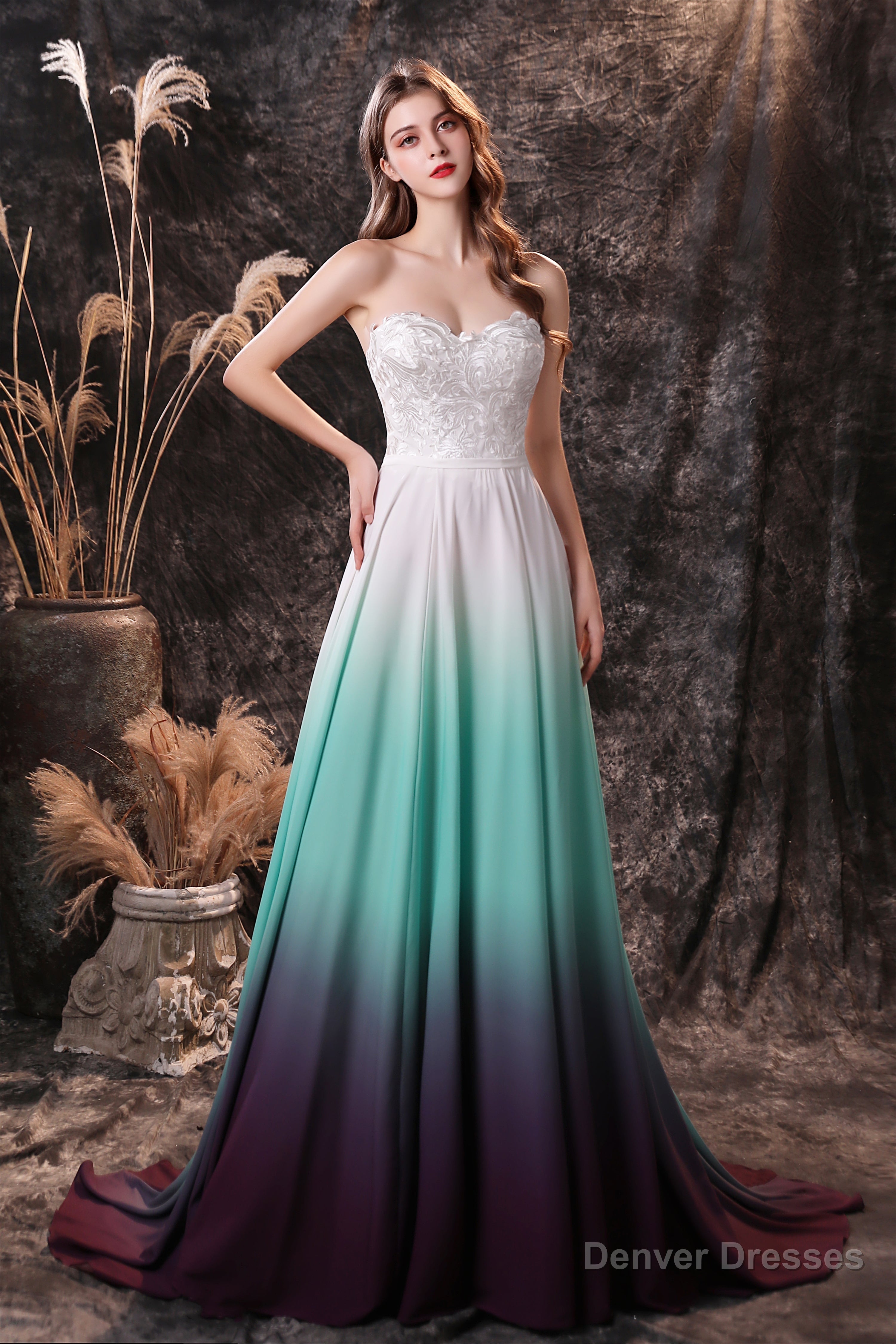 A Line Strapless Sleeveless Appliques Ombre Silk Like Satin Sweep Train Prom Dresses Main image