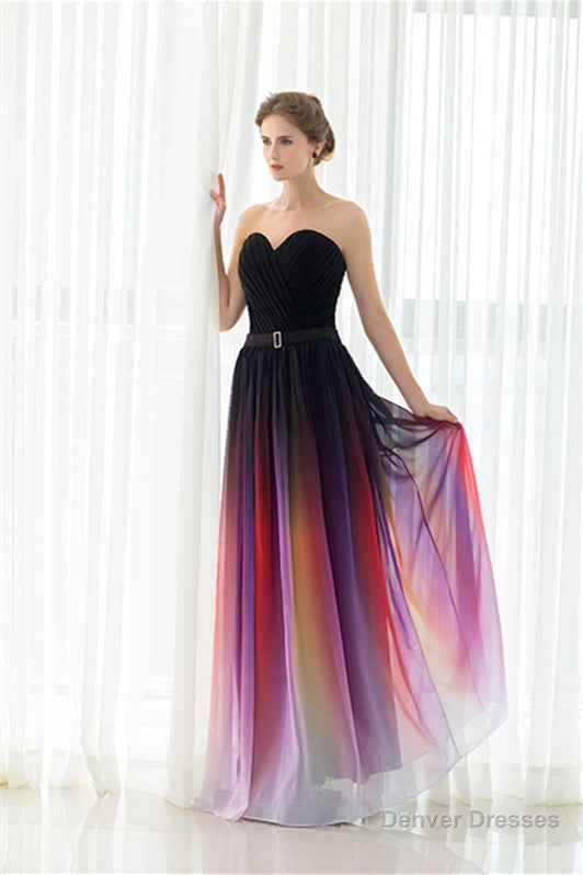 A Line Strapless Sleeveless Colorful Chiffon Floor Length Prom Dresses With Belt Secondary image