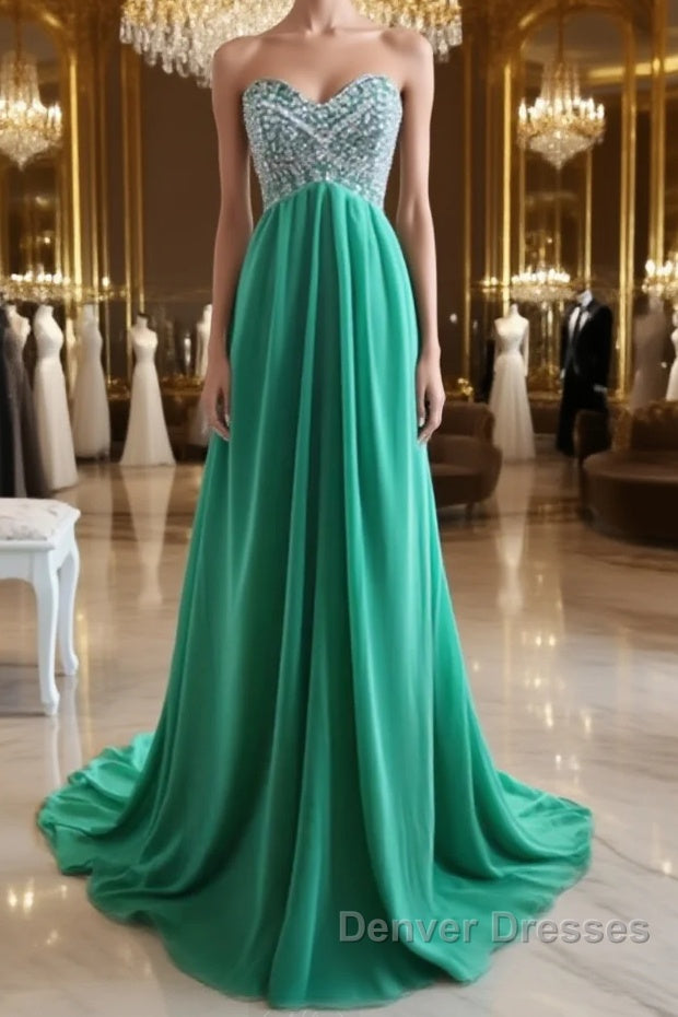 A-Line Strapless Sweetheart Neck Green Chiffon Long Prom Dress, Green Evening Dress