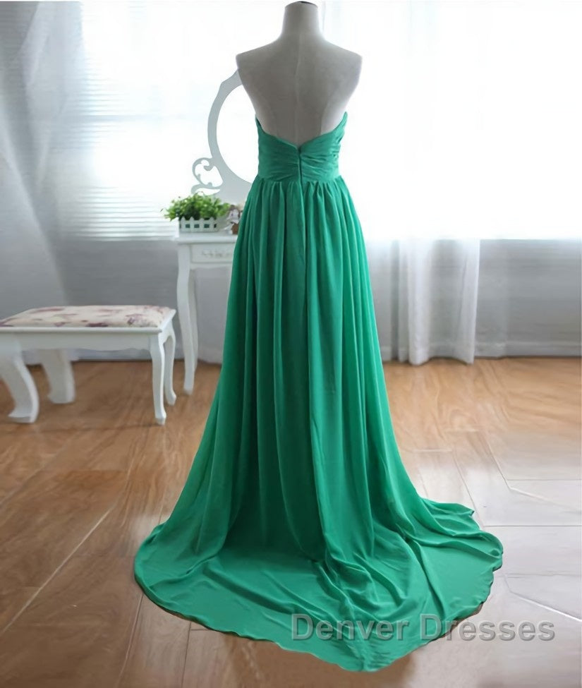 A-Line Strapless Sweetheart Neck Green Chiffon Long Prom Dress, Green Evening Dress