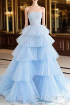 A line Strapless Tiered Tulle Prom Dress