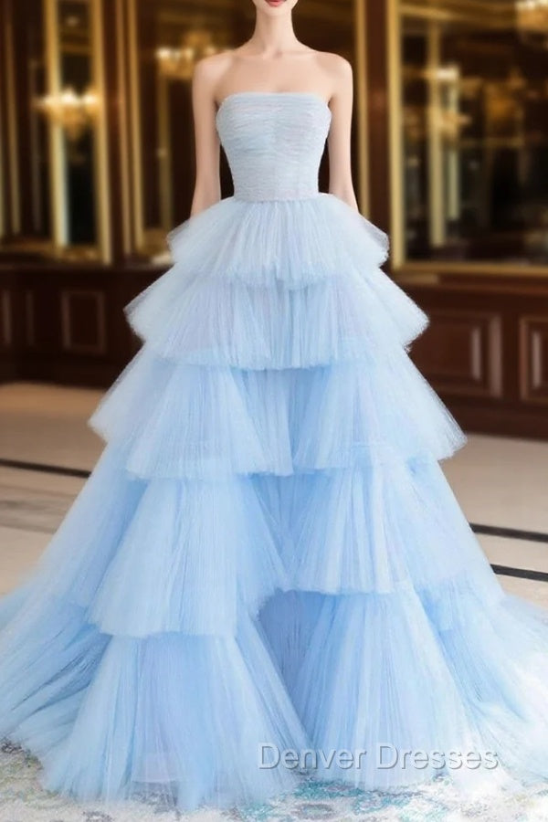 A line Strapless Tiered Tulle Prom Dress Main image