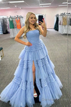 A-Line Strapless Tulle Long Prom Dress with Tiered Ruffles