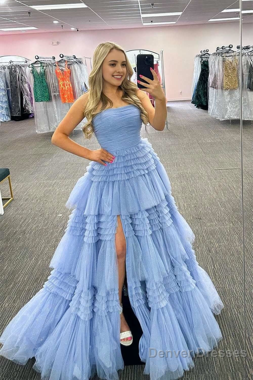 A-Line Strapless Tulle Long Prom Dress with Tiered Ruffles