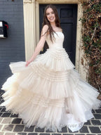 A-Line Strapless Tulle Long Prom Dress with Tiered Ruffles
