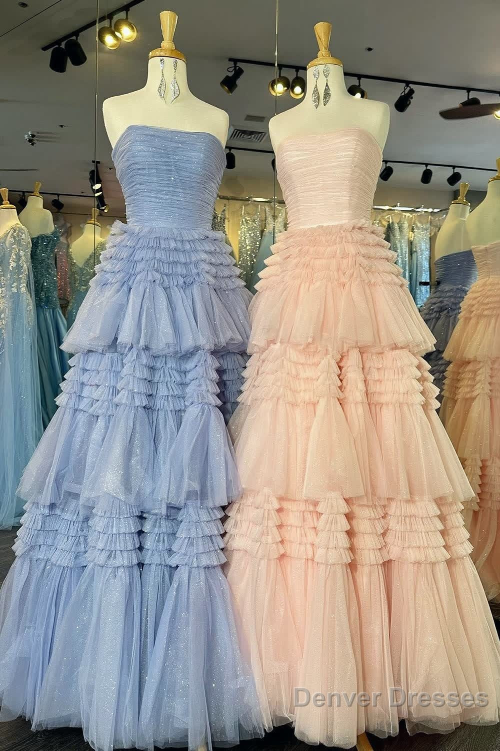 A-Line Strapless Tulle Long Prom Dress with Tiered Ruffles