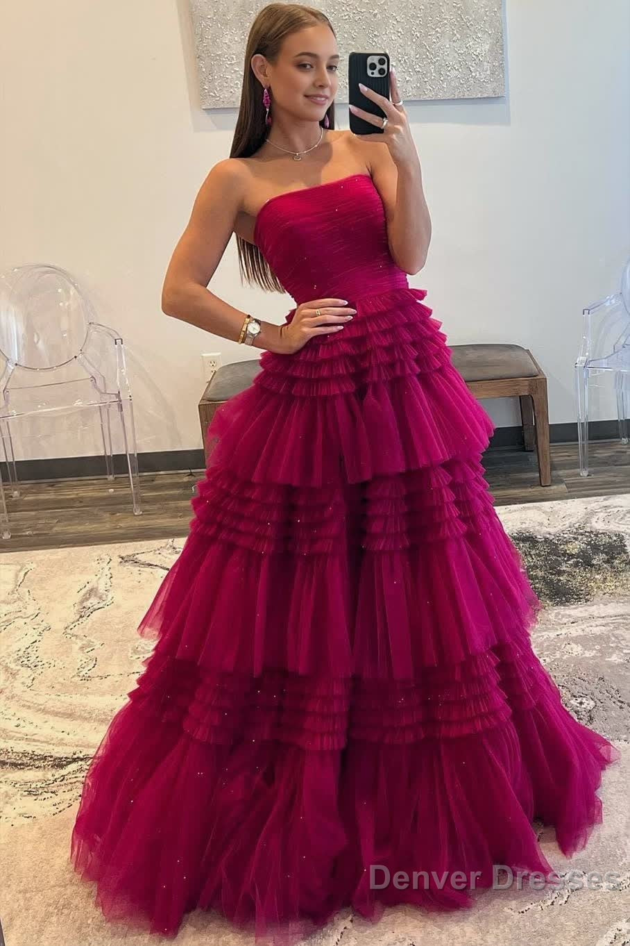 A-Line Strapless Tulle Long Prom Dress with Tiered Ruffles Main image