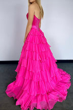 A-Line Strapless V-Neck Tiered Empire-Waist Long Prom Dress