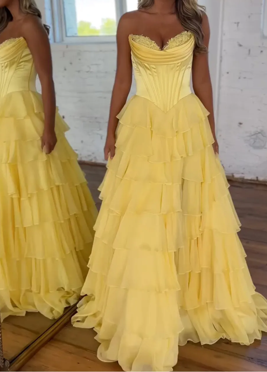 A-Line Strapless V-Neck Tiered Empire-Waist Long Prom Dress