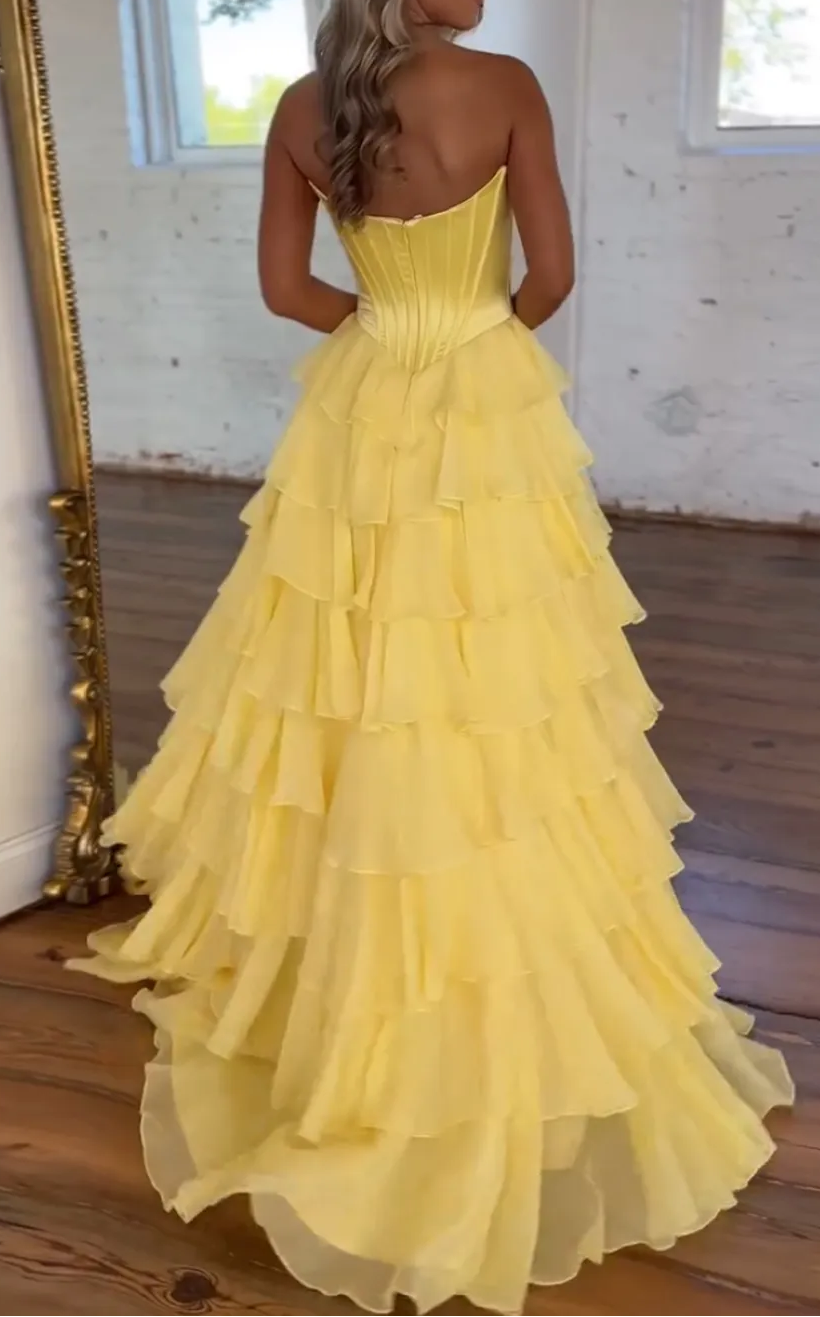 A-Line Strapless V-Neck Tiered Empire-Waist Long Prom Dress