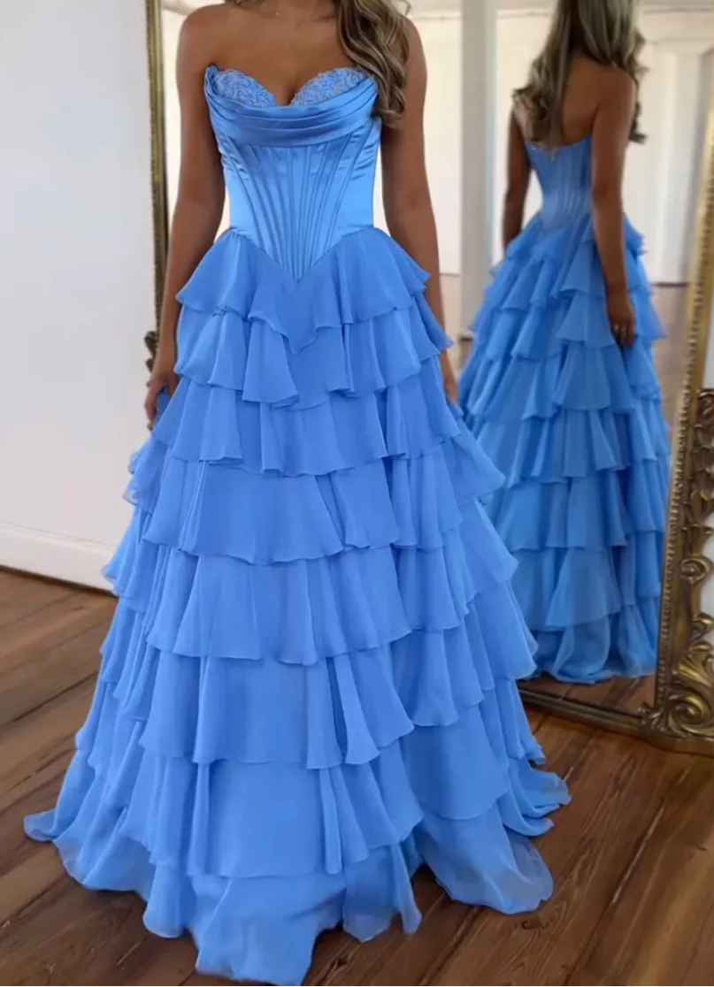 A-Line Strapless V-Neck Tiered Empire-Waist Long Prom Dress