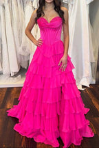 A-Line Strapless V-Neck Tiered Empire-Waist Long Prom Dress
