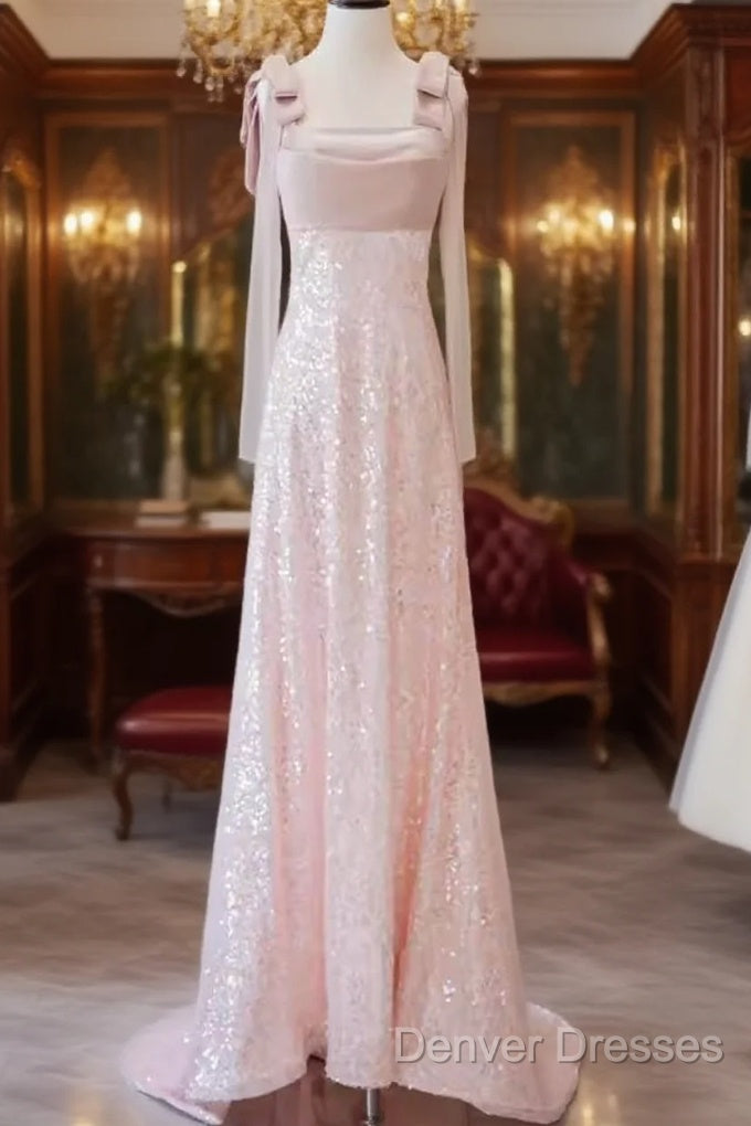 A Line Straps Pink Satin Long Prom Dress Main image