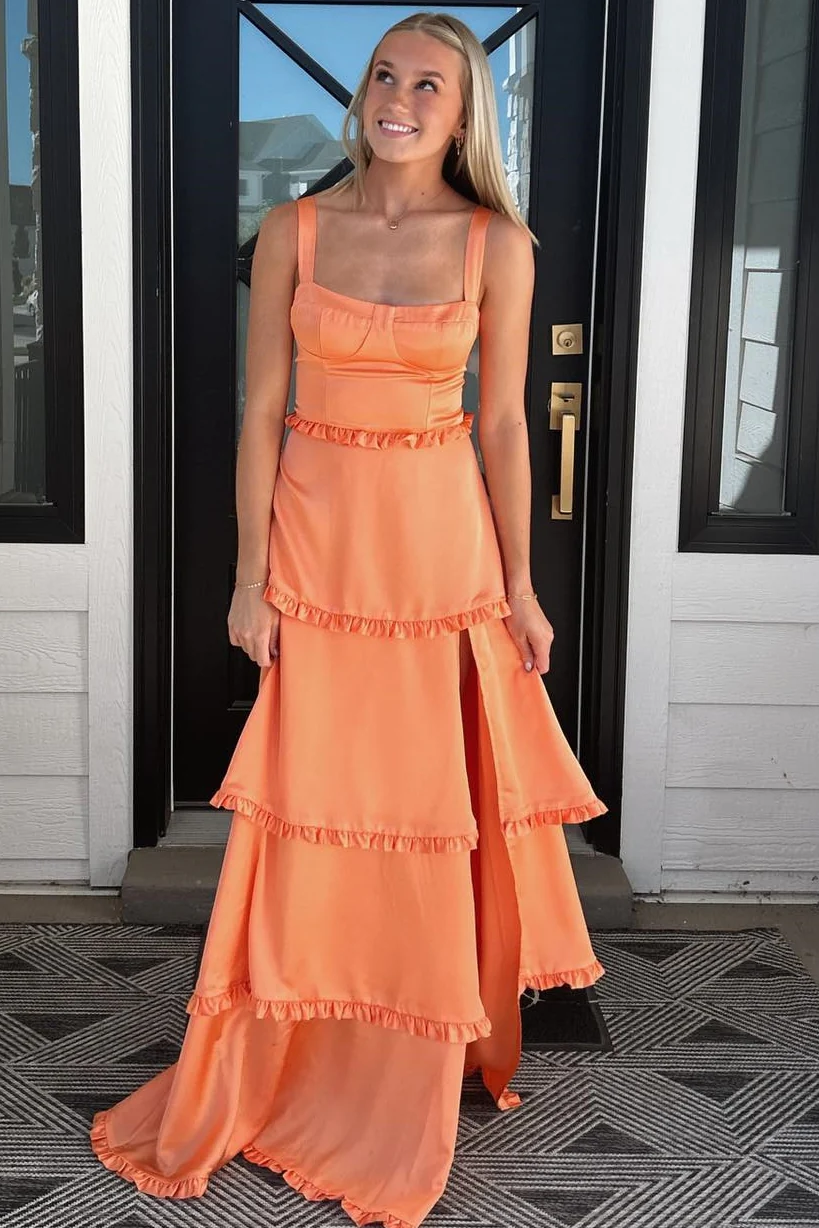A-Line Straps Scoop Layered Satin Sleeveless Formal Prom Dress With Slit