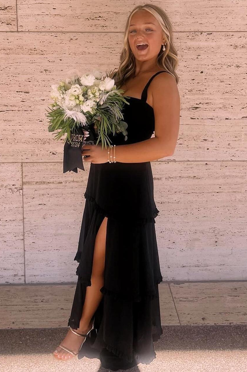 A-Line Straps Scoop Layered Satin Sleeveless Formal Prom Dress With Slit