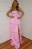 A-Line Straps Scoop Layered Satin Sleeveless Formal Prom Dress With Slit