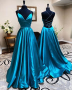 A Line Stretch Satin Emerald Green Prom Dress Spaghetti Straps V Neck Dress