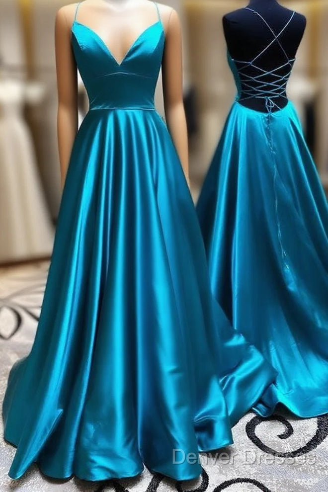 A Line Stretch Satin Emerald Green Prom Dress Spaghetti Straps V Neck Dress Main image