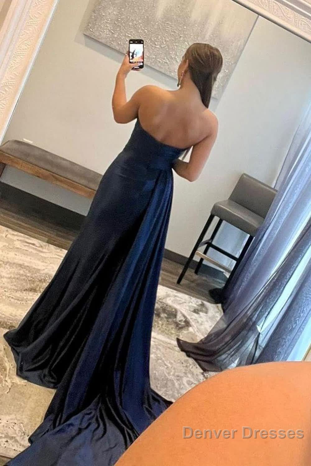 A Line Sweethaert Navy Blue Long Prom Dress with Split Front Secondary image