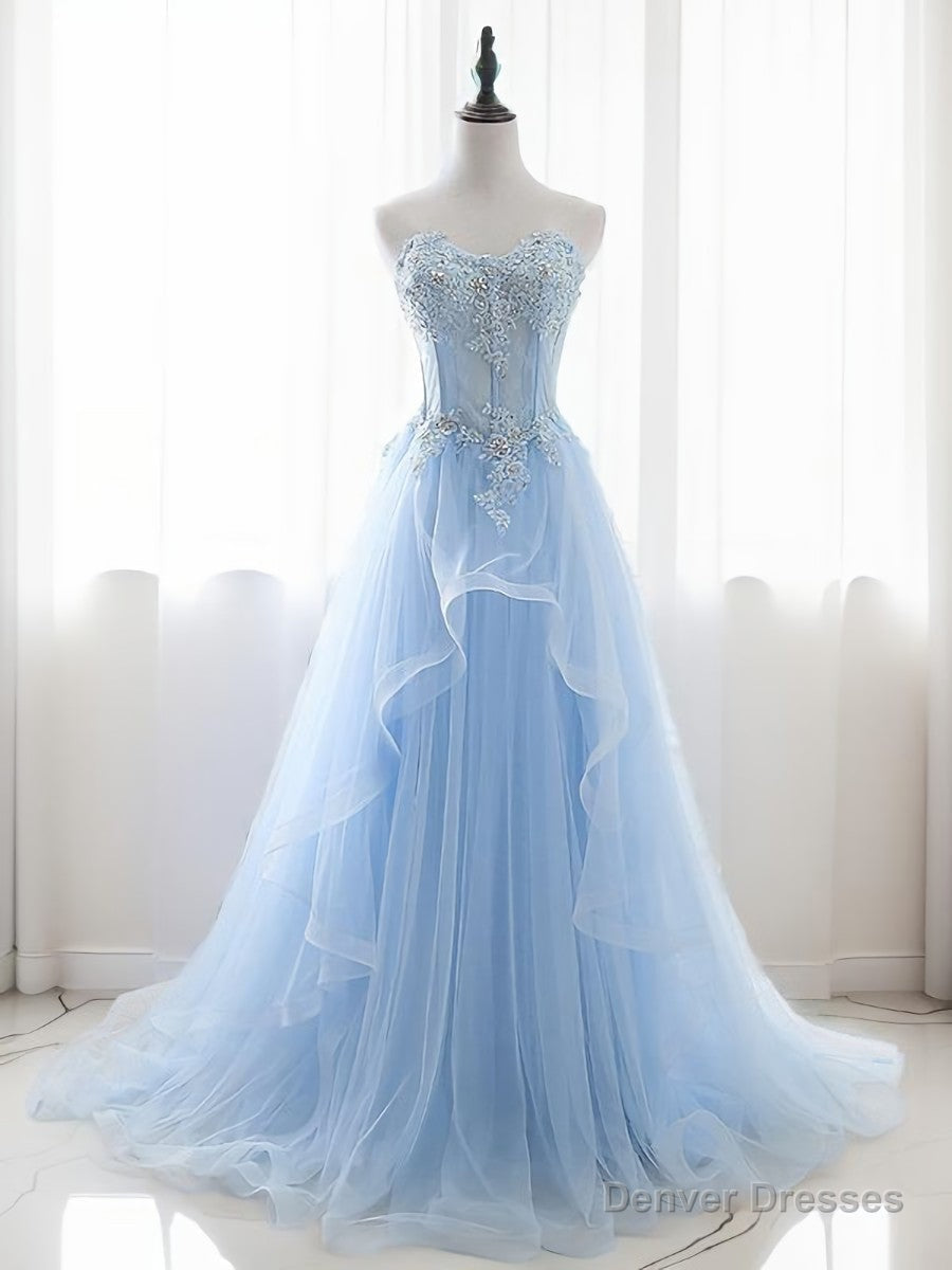 A-line Sweetheart Appliques Lace Sweep Train Tulle Dress Main image