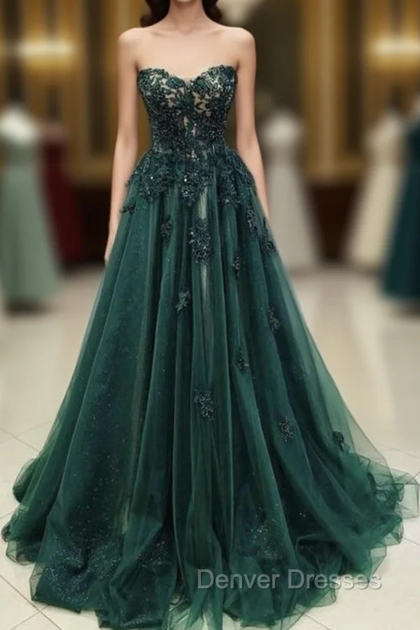 A Line Sweetheart Green Lace Long Prom Dress Main image