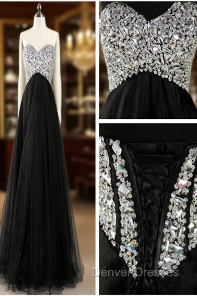 A Line Sweetheart Neck Black Floor Length Long Prom Dress, Black Formal Dress Main image