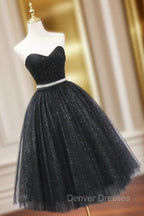 A-Line Sweetheart Neck Black Short Prom Dress, Black Formal Evening Dress